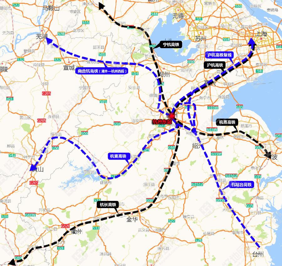 现状有四条高铁线路引入,分别为杭甬高铁,宁杭高铁,沪杭高铁,杭长高铁