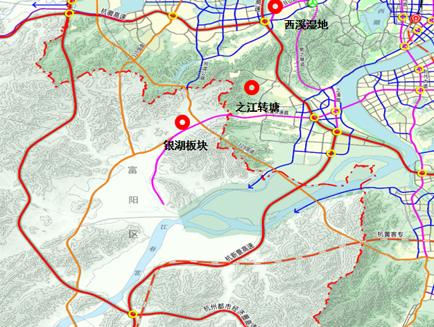 杭富城际铁路和彩虹快速路从杭州进入富阳,接轨的桥头堡便是银湖.